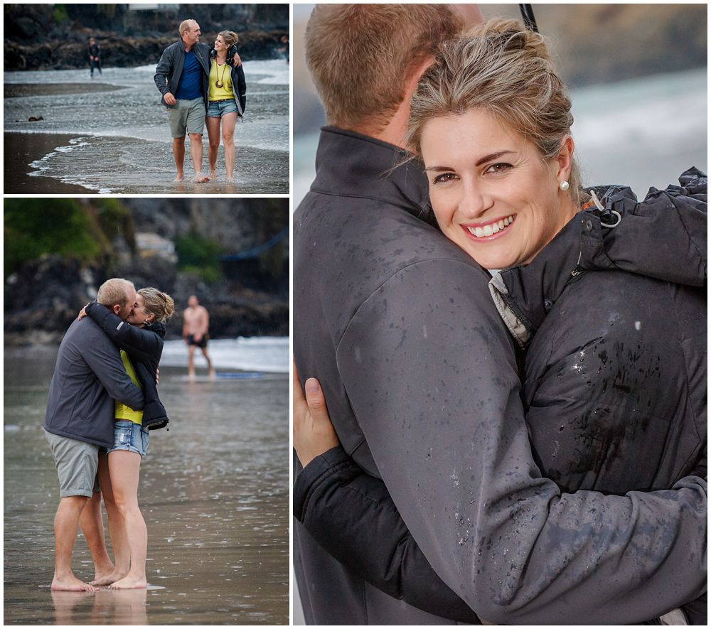 couple on beach on rainy day engagement shoot Taylors Mistake Christchurch