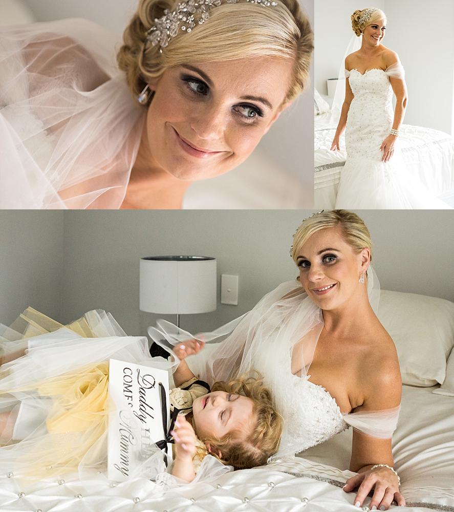 Photo collage of bride and daughter lying on the bed and standing next to bed