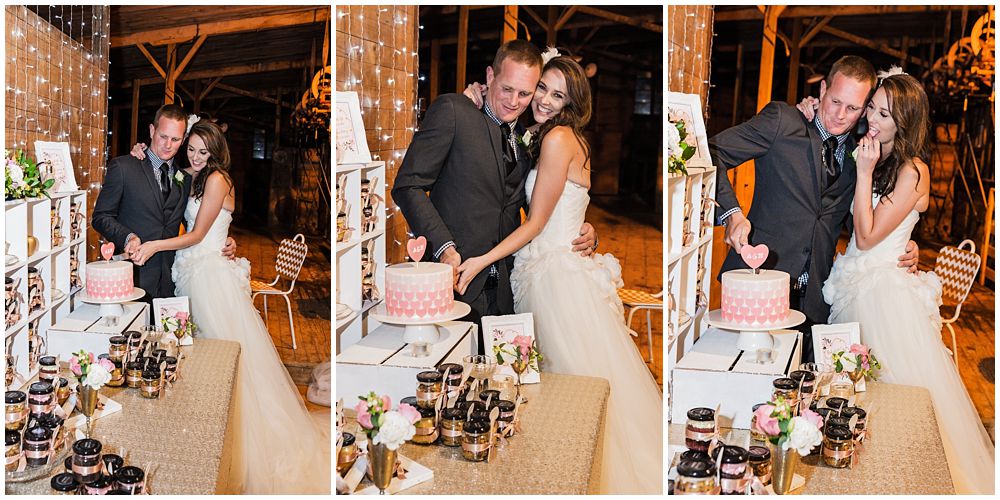 Couple cutting the wedding cake on wedding day