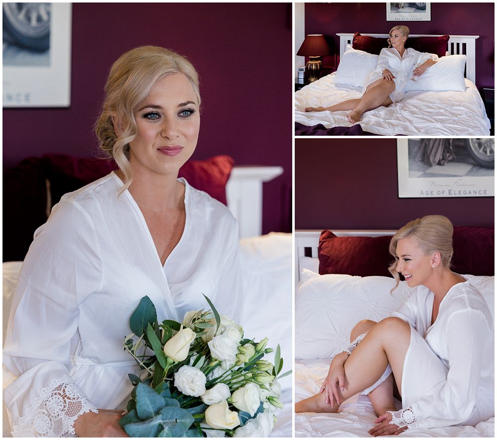 Darjon Vineyard Wedding- Bride sitting on bed in dressing gown