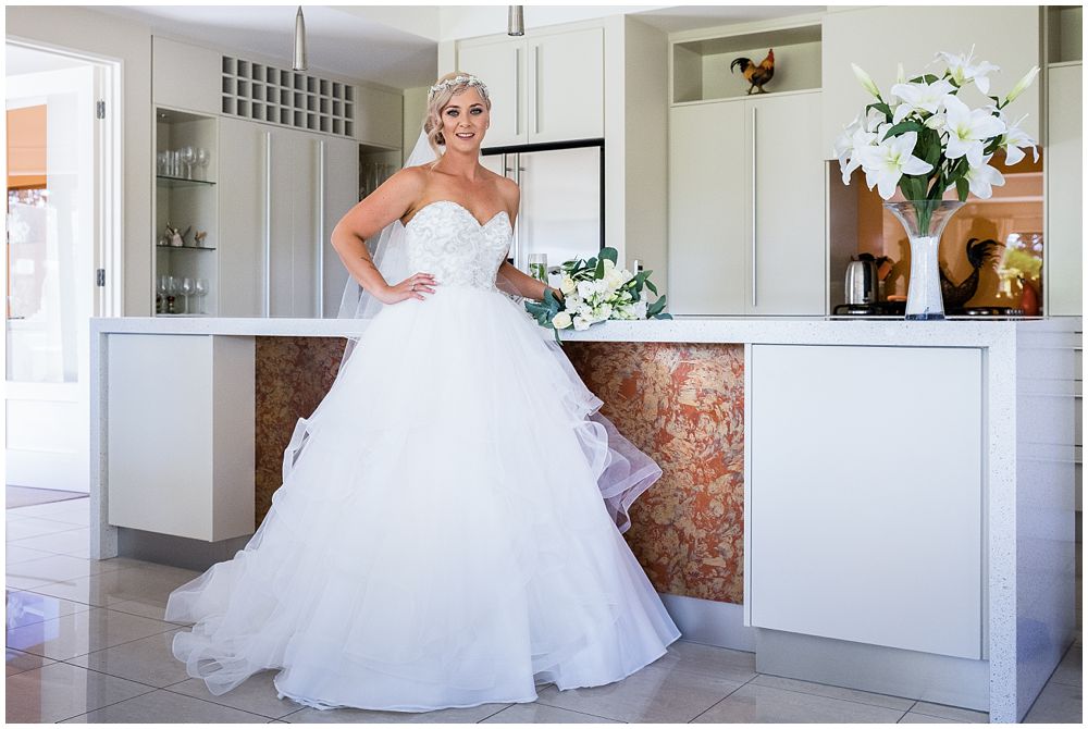 Bride in dress at Flaxton Manor in Rangiora