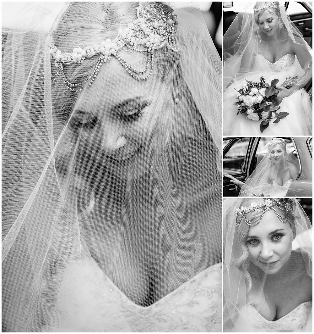 Black and white photos of the bride under her veil