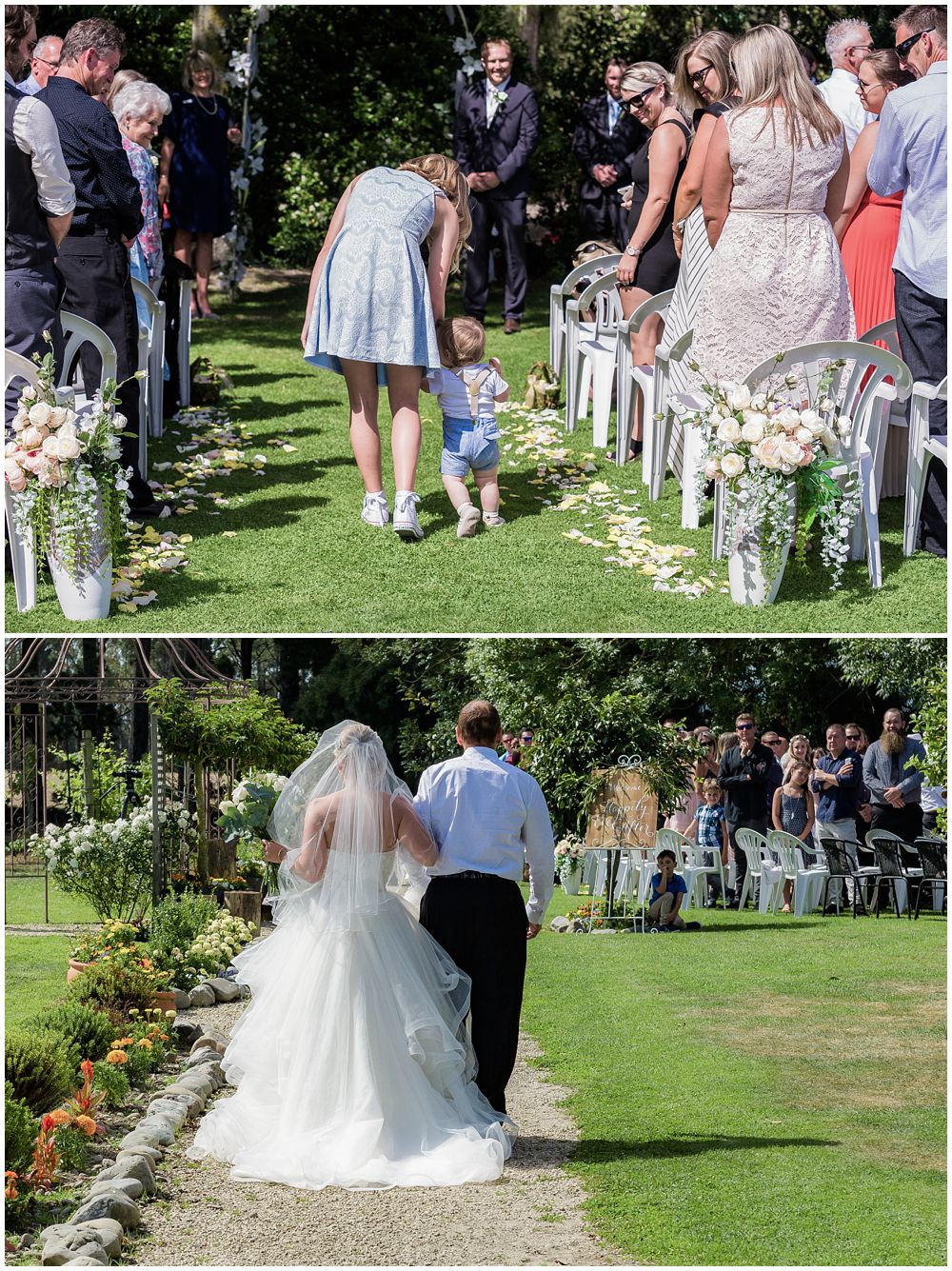 Flower girl and couple's son walk down the aisle 