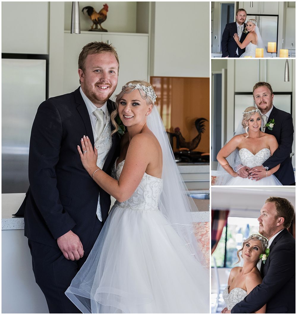 Groom and bride pose for photos at Flaxton manor