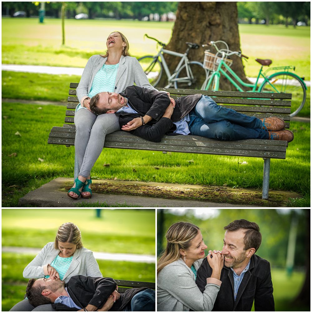 couple on a park bench during engagement shoot in Christchurch