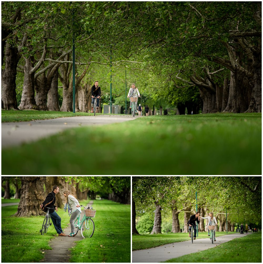 couple on bikes in Hagley Park for an engagement photo session