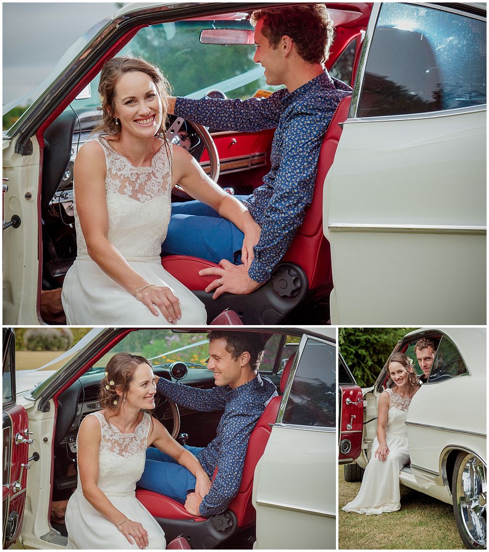 Bride and groom pose for photos by their wedding car captured by Oz of Pip and Oz Wedding Photographers Christchurch