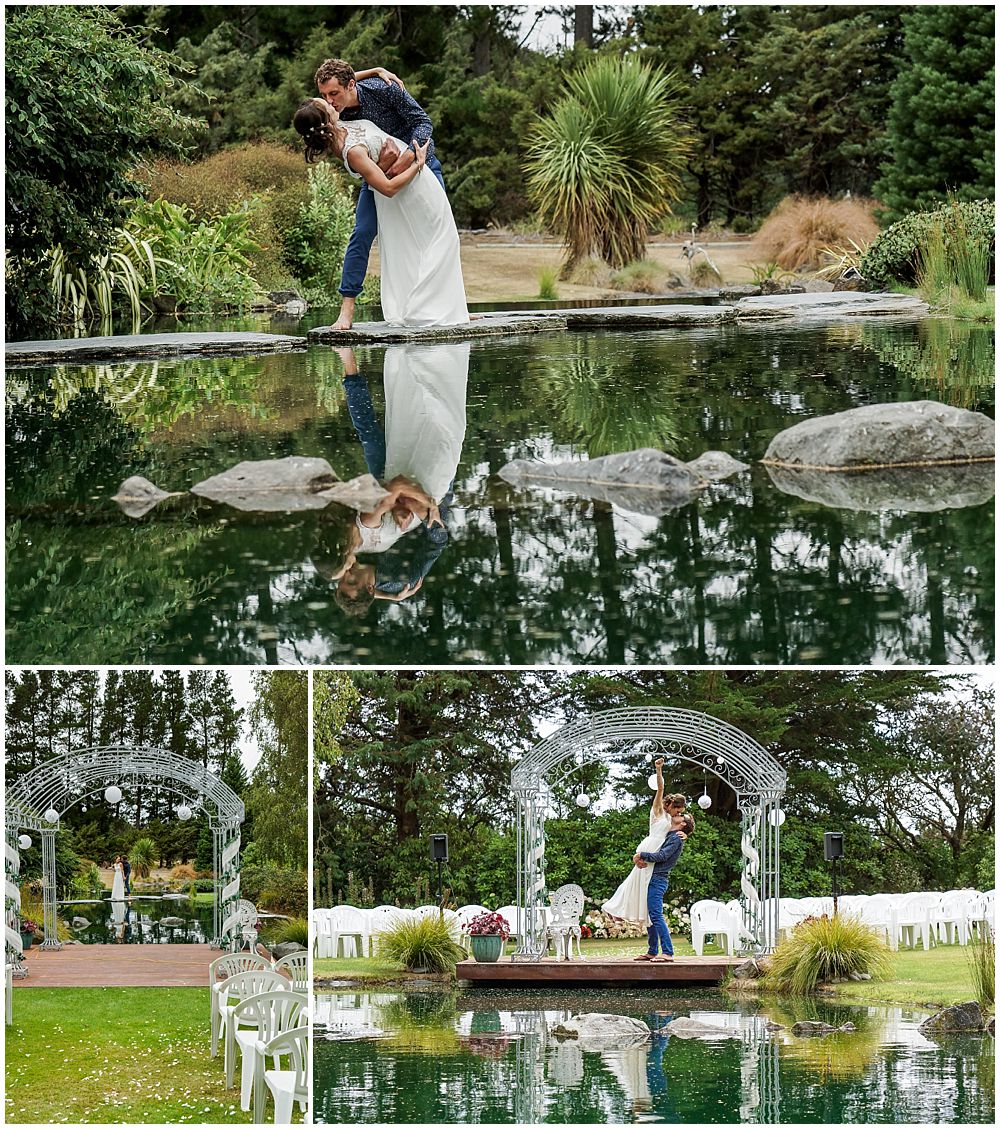 Hampton Lea Gardens Wedding Venue water pond with collage of bride and groom infant of the water