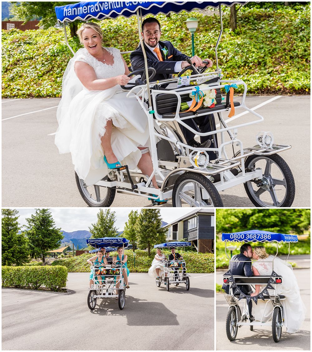 Heritage Hanmer Springs Wedding-Bridal party having fun on bikes 