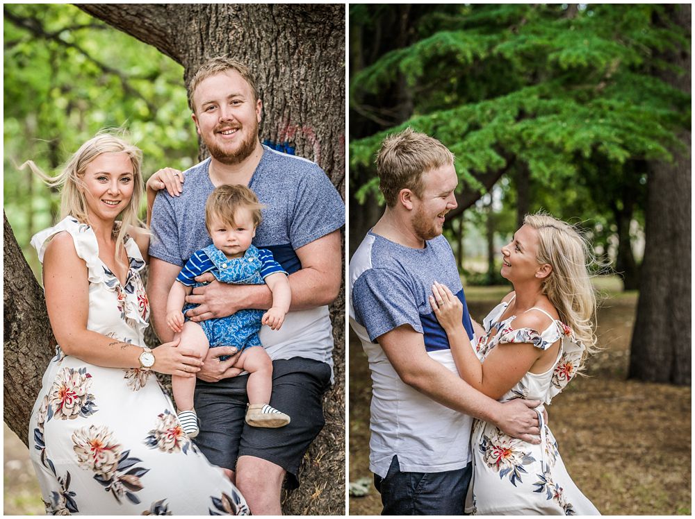 Engagement photography of couple with son and hugging 