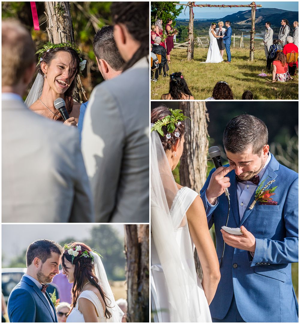 Bride and groom shed tears while exchanging vows during the farm wedding