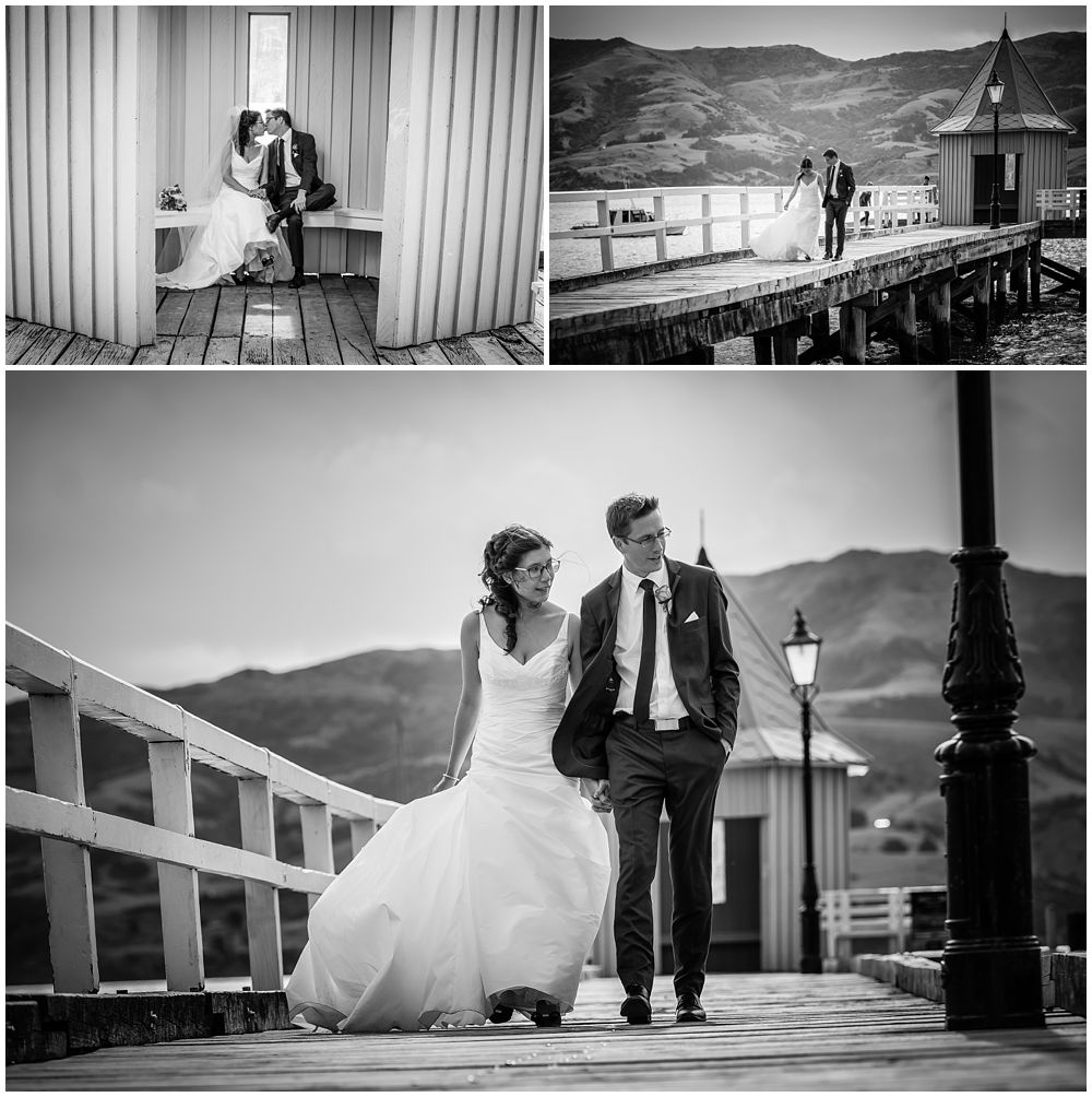 Mt Vernon Lodge Wedding Venue-bride and groom walking on wharf-Akaroa Harbour