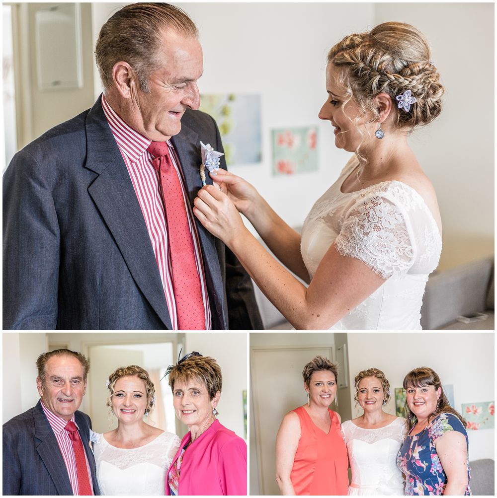 Tannery Wedding-bride with parents,bride helping dad with his buttonniere 