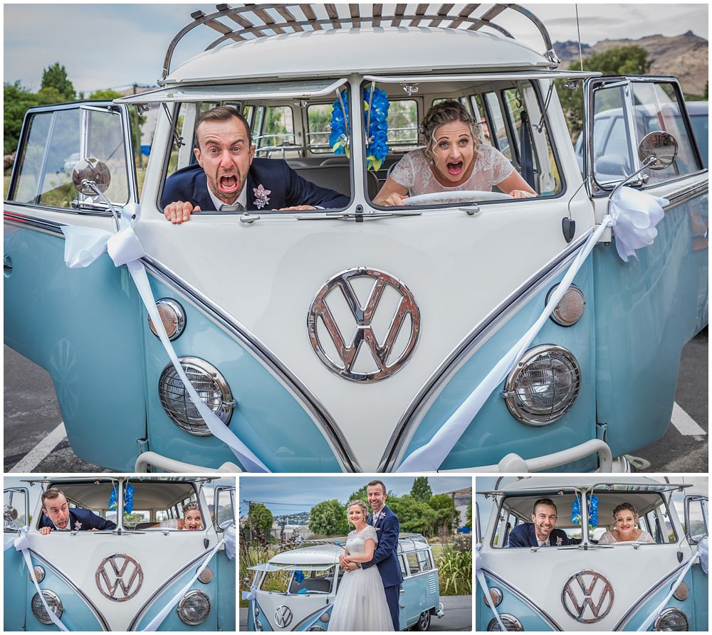 Tannery Wedding-bride-groom inside a blue and white combi van