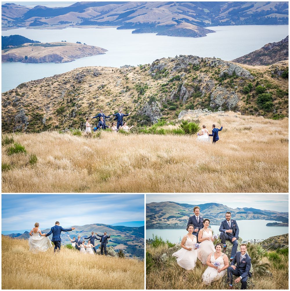 Tannery Wedding-Bridal party in front of the view of Lyttleton Harbour