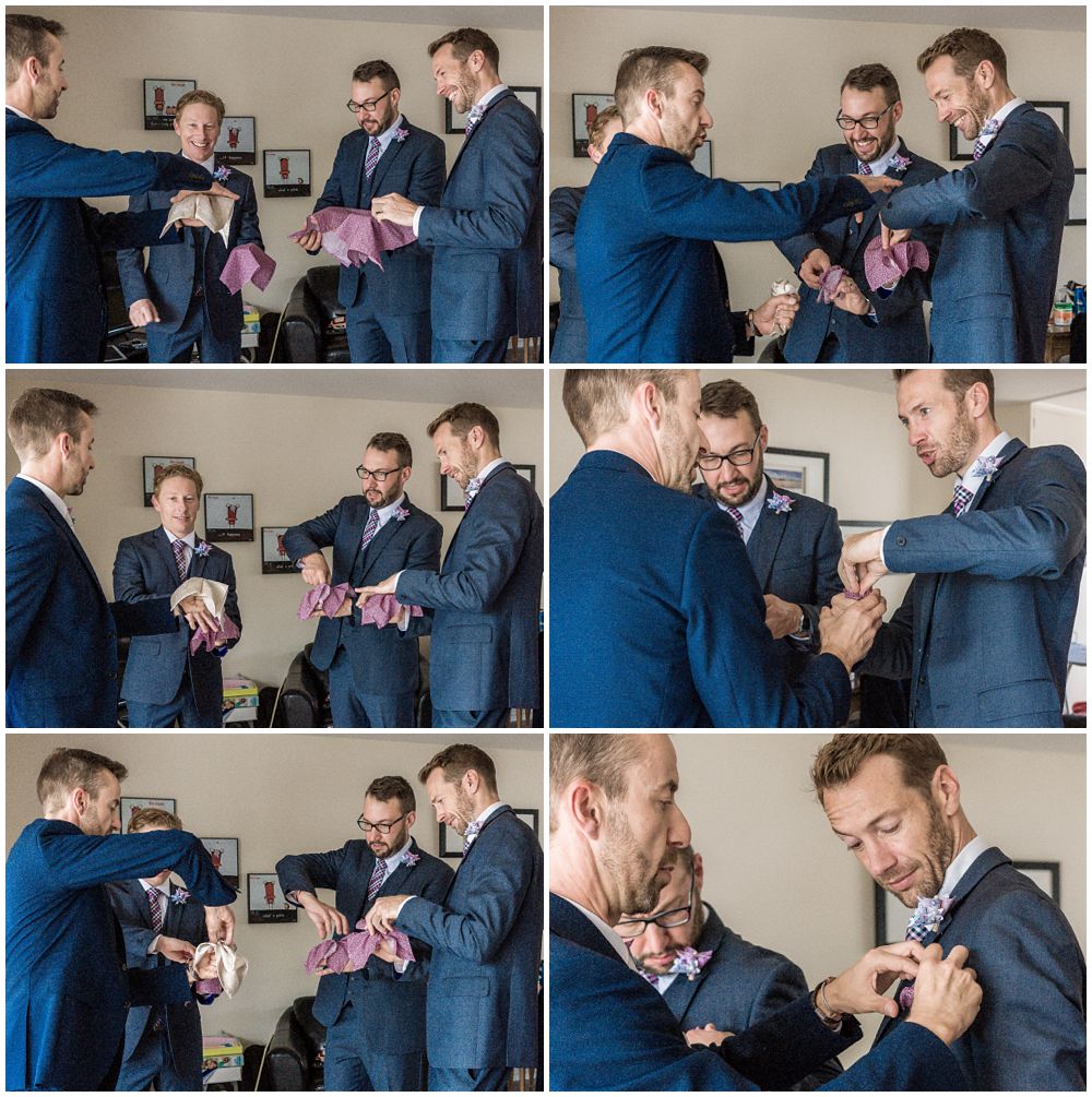 Tannery Wedding-groom shows groomsmen how to fold pocket squares