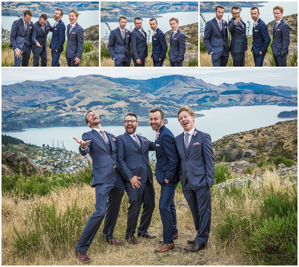 Tannery Wedding-groomsmen goofing around on the Port Hills in Christchurch