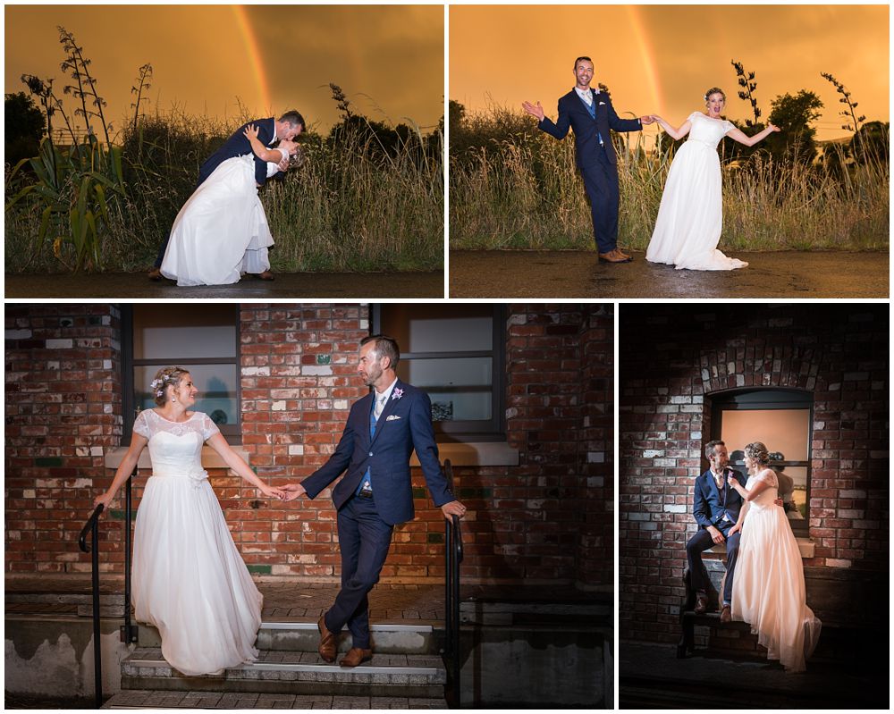 Tannery Wedding-Bride-groom in front of a rainbow 