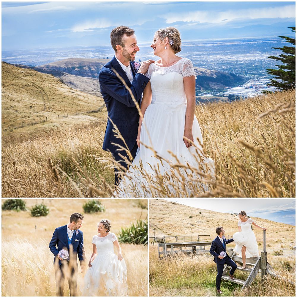 Tannery Wedding-Bride-groom in long grass on the Port Hills in Christchurch