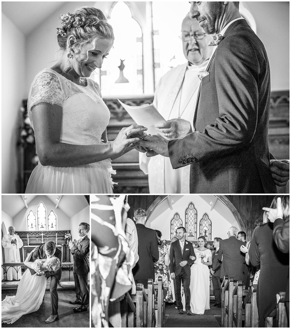 Tannery Wedding-the rings, kiss and bride-groom walking out of church