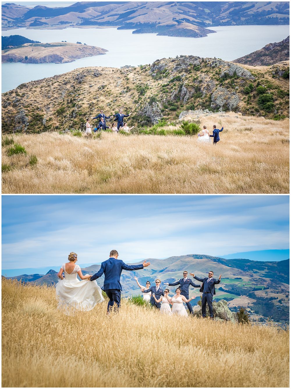 photos taken of the bridal party on top of the Portholes with the view of lyttleton harbour