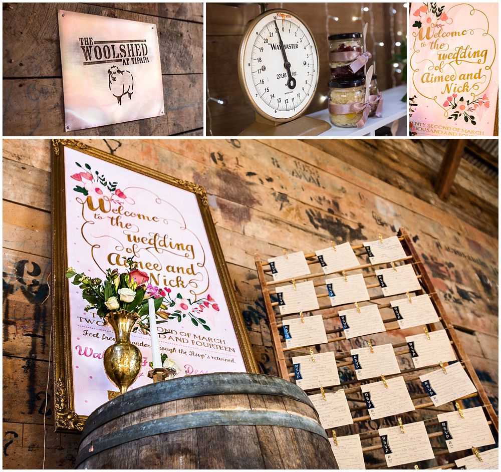 Tipapa Woolshed Barn Wedding detail setup of name placings