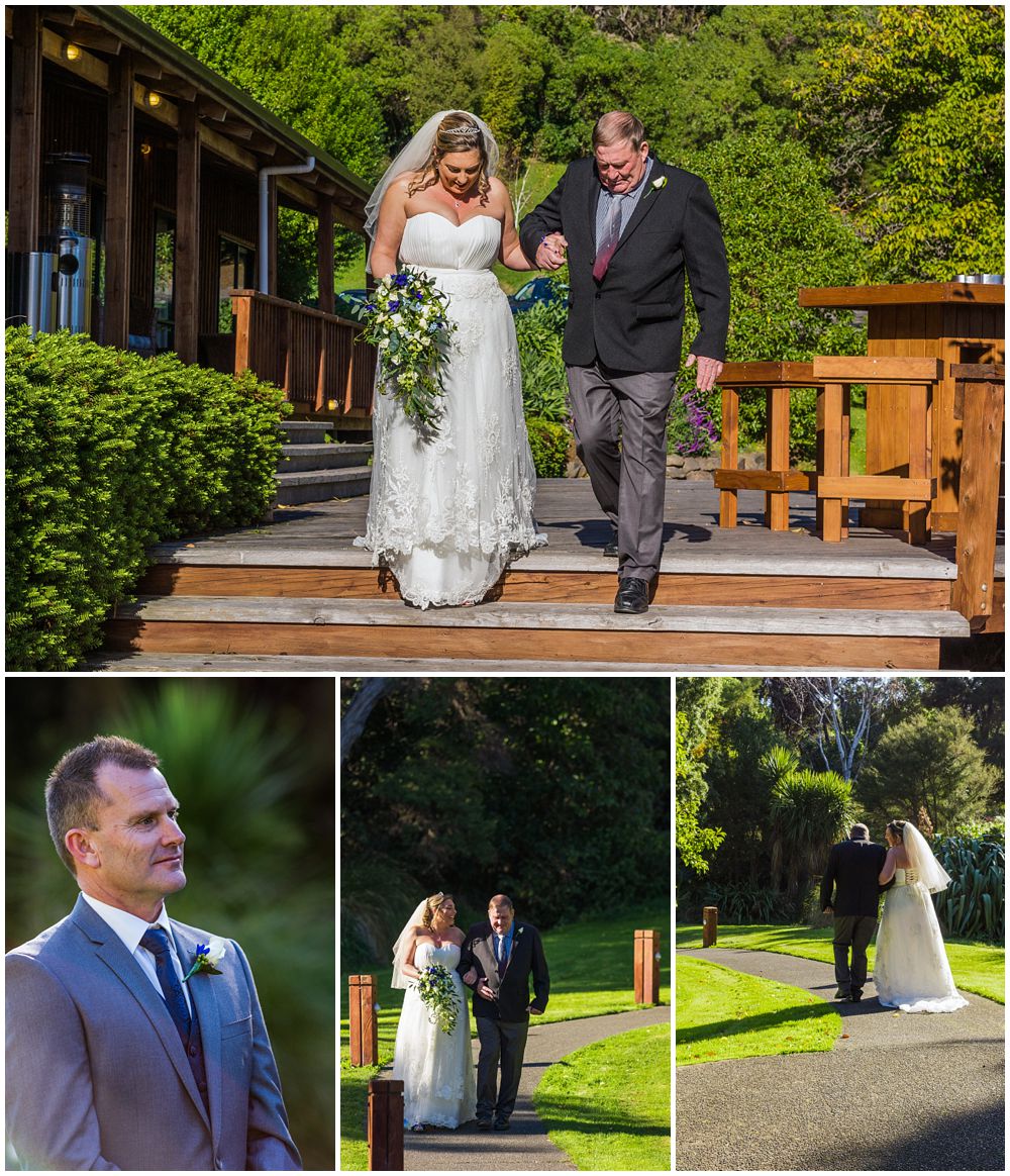 bride walks in for ceremony and groom looks on