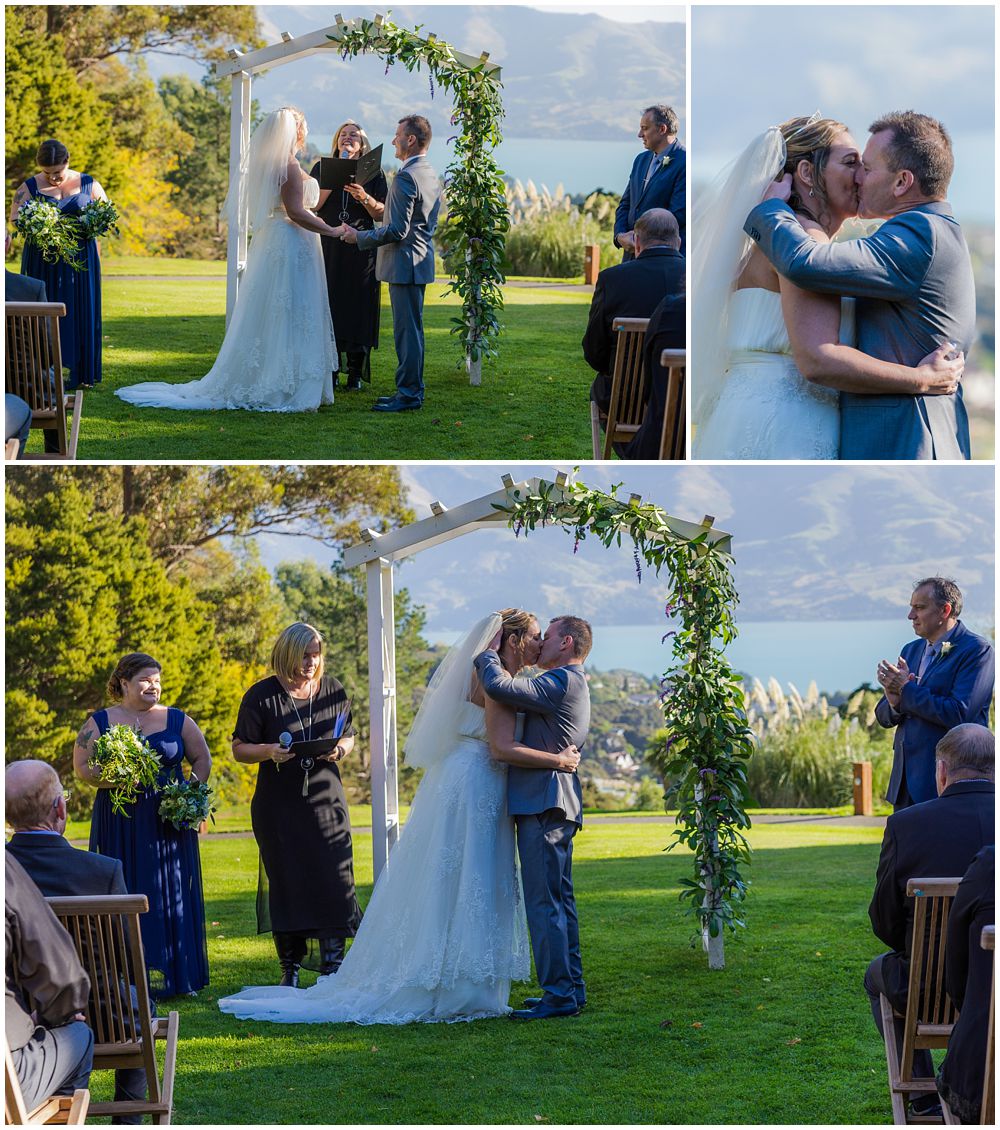 bride and groom in front of wedding isle 