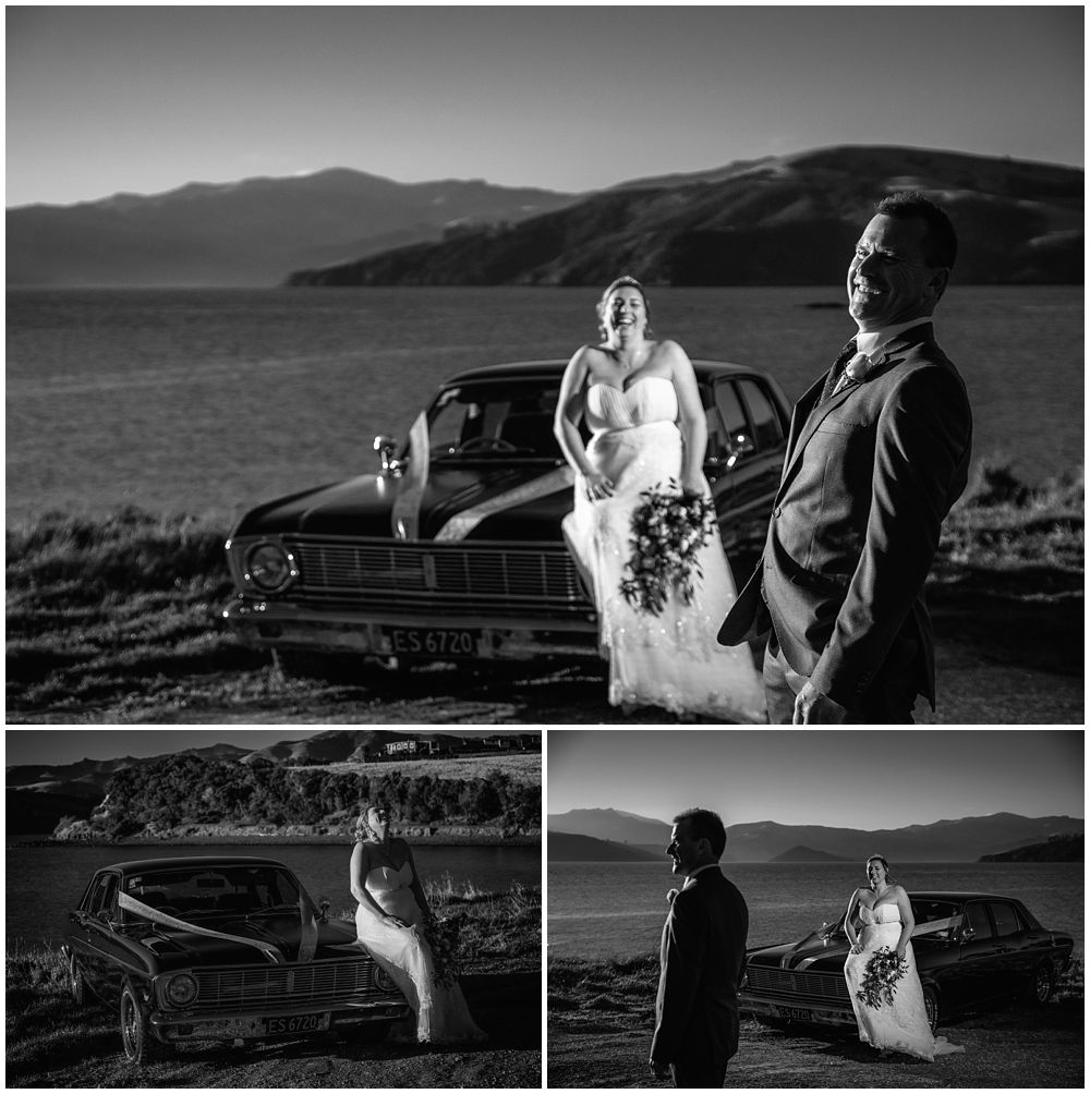 bride and groom by wedding car