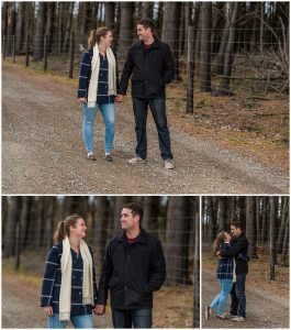 engaged couple on a forest track at Bottle Lake Forest