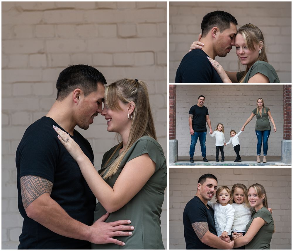 collage of couple and children during engagement shoot