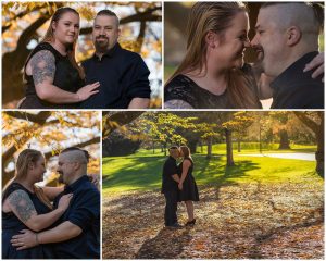 engaged couple standing in autumn sun in garden