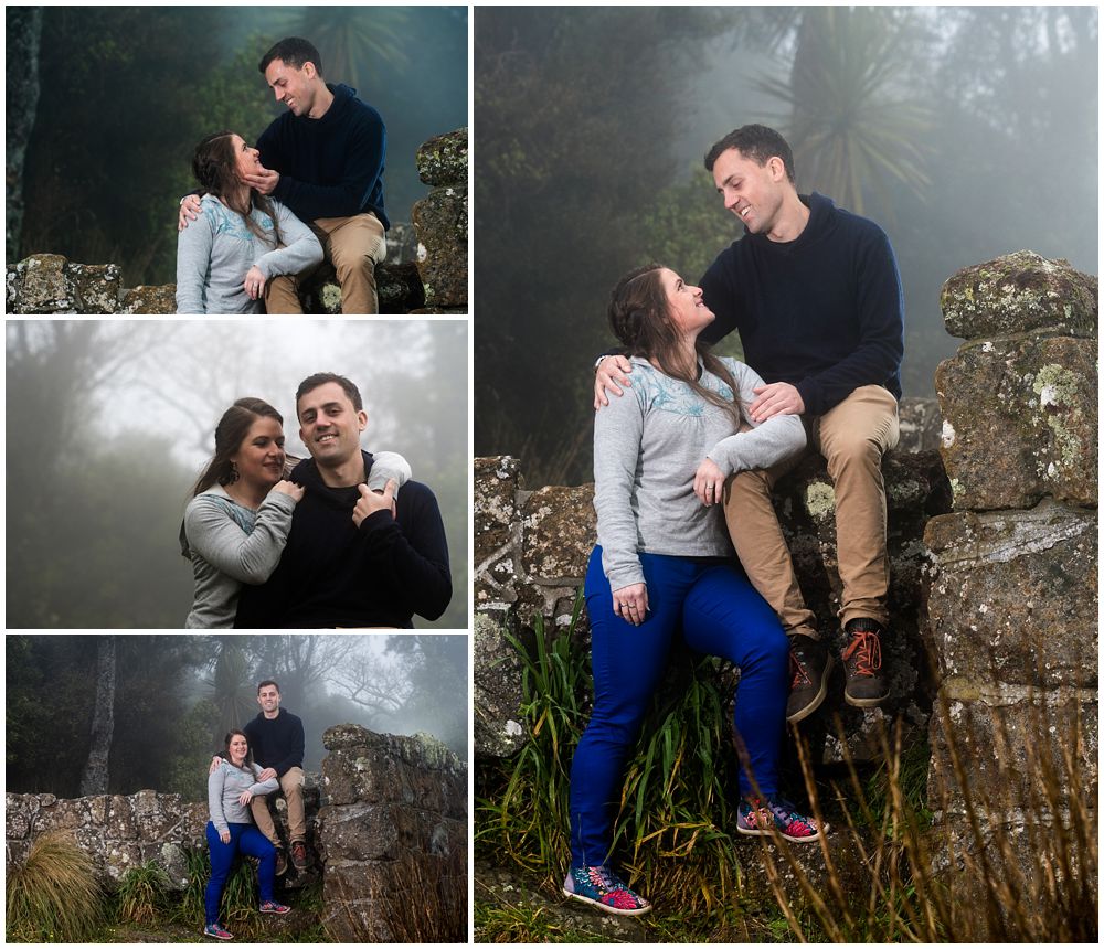 engaged couple on a misty day 