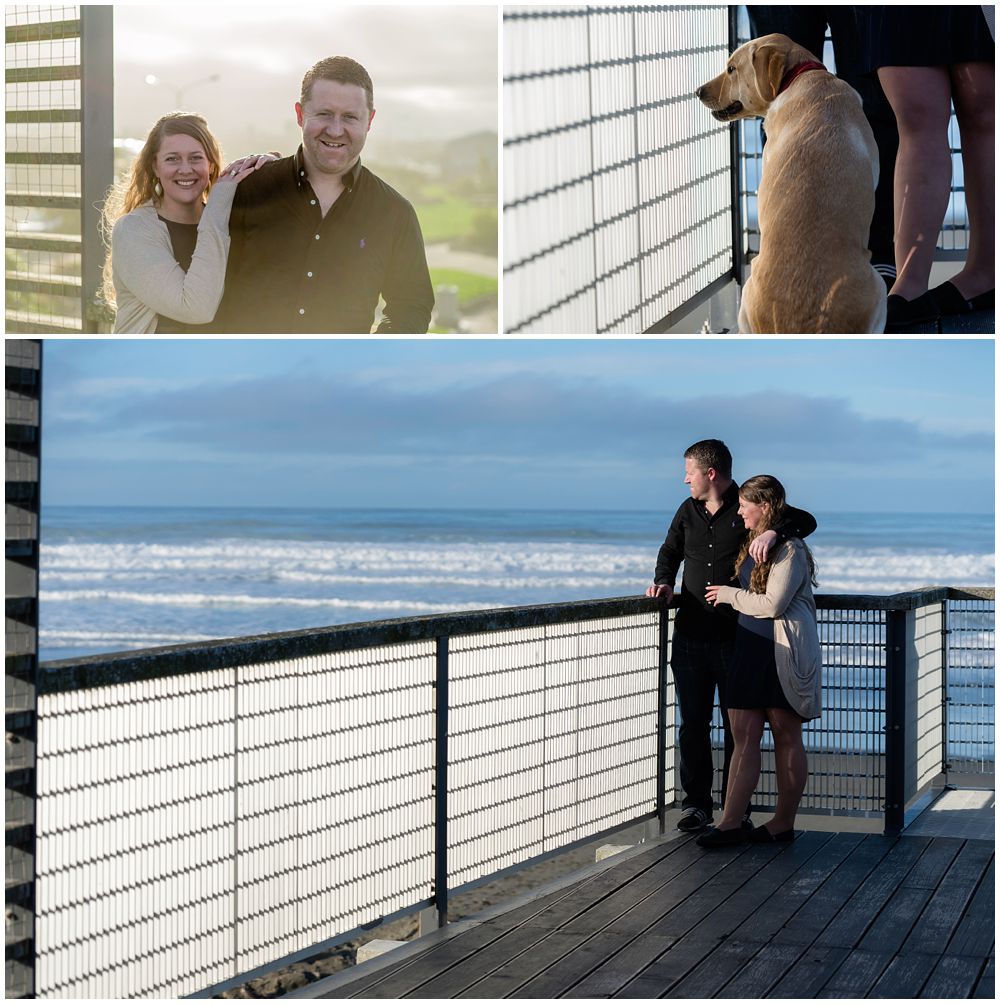 collage of engaged couple at the beach